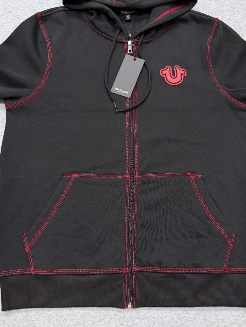 True Religion Mens TNL Puff Buddha Full Zip Hoodie Large L Black Red Stitch NWT - Picture 11 of 16